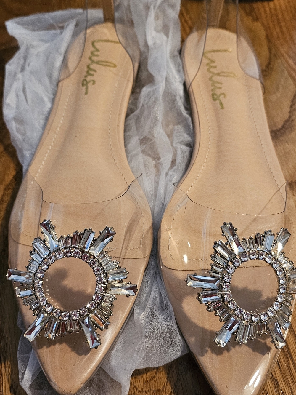 Lulu's Nude Clear Flat Pointed-Toe Sandals with Crystal Accent